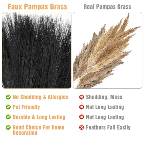 Ptwola 30pcs Black Pampas Grass Decor 17.7 Inch Fluffy Faux Pampas Grass Artificial Dried Flower Bouquet Small Vase Filler Home Decor for Gothic Living Room Decoration Wedding Halloween Party Wall