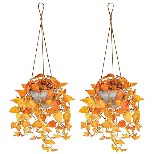 TNNTOPELE Autumn Fake Hanging Plants with Pot, 2 Pack Artificial Hanging Plants, Faux Anthurium Leaf Hanging Basket Plant for Indoor Outdoor Wall Home Room Office Decor - color: Orange