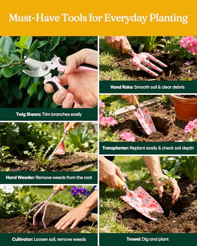 Grenebo 12-Piece Gardening Tools Set, Floral Print Garden Tool Set Gift, Rust-Proof & Heavy-Duty Trowel, Rake, Weeder, Pruner with Hard Case, Gardening Gifts for Women, Mom & Plant Lovers (Pink) - color: Pink