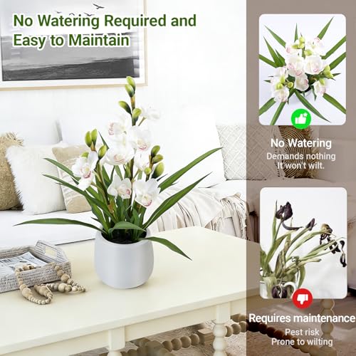 Fake Orchid Plant 19" Tall, Realistic Touch Leaves, Potted Cymbidium Artificial Plants Indoor for Home Decor Small Office Home Living Room-White - size: 19 Inch Cymbidium Orchid White
