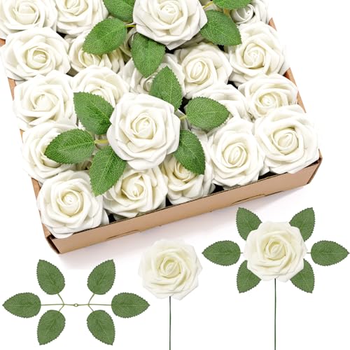 Lifewit Artificial Flowers, 50 Pcs Ivory Foam Real Looking Roses with Stems, Fake Roses for DIY Wedding Bouquets, Centerpieces Arrangements, Valentine Decorations - color: Ivory