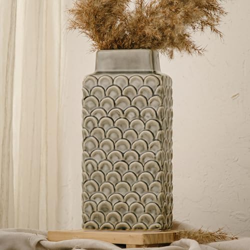 Ceramic Flower Vase, 12.6” Large Rustic Farmhouse Decorative Vase for Home Decor, Gray Textured Pottery Vase for Pampas Grass, Living Room, Entryway, Mantel, Kitchen Table - color: 302-grey