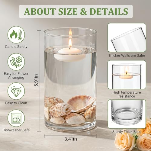12pcs Thick Glass Cylinder Vase 6 Inch – Clear Glass Flower Vase & Floating Candle Holders for Centerpieces,Cylinder Vases Bulk Weighted Base for Wedding, Home & Dining Table Décor Gift - size: Smooth-12PCS