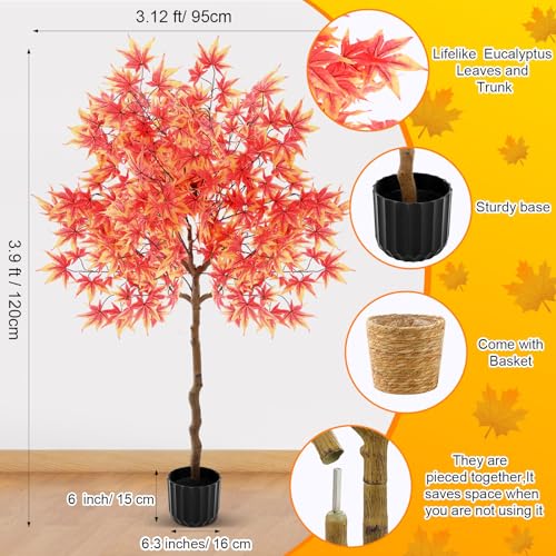 Giegxin 2 Pack 4ft Thanksgiving Day Artificial Maple Trees with Weaving Plant Baskets Faux Fall Tree Stem with Maple Leaves Thanksgiving Orange Potted Fake Plants Decor for Porch Front Home Office - color: Dark Orange, style: Maple Leaves