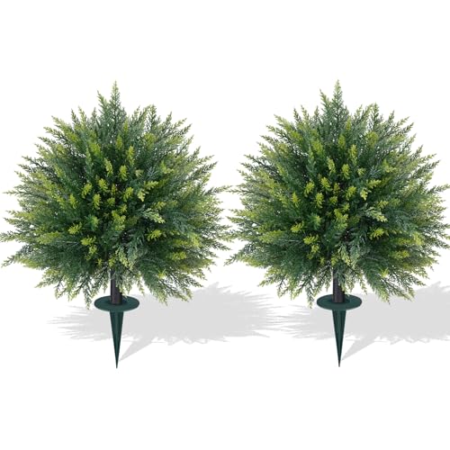 Artificial Cedar Topiary Trees with Ground Spike, 2 Pieces Fake Pine Shrubs Bushes, UV Resistant Faux Evergreen Cypress Tree Plants for Indoor Outdoor Planters Front Porch - color: Cedar Ball