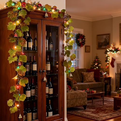6.56ft 1pcs Artificial Grape Leaf Garland, Autumn Artificial Fake Grapes Vines, Hanging Plant Grape Vines Decor for Home Wedding Party, Garland Decoration, Photo Wall Display - color: Green and Yellow-1pc (No Grapes)
