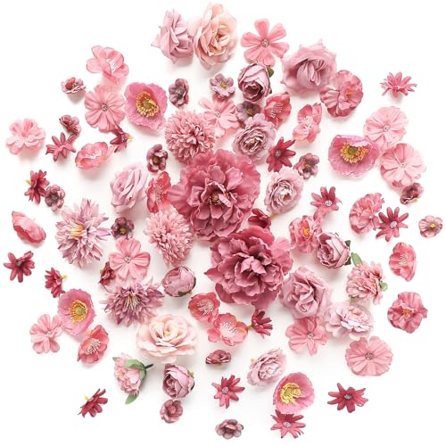 Floroom Mini Artificial Flower Heads Dusty Rose Fake Peony Daisy Rose Multicolor Small Faux Silk Flower Heads for Cake Craft Garland Wedding Party Graduation Cap DIY Home Decoration, 0.8"-3.6" - color: Antique Dusty Rose