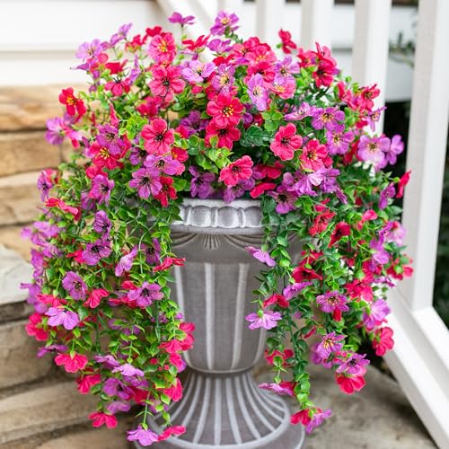 HyeFlora 2Pcs Fake Flowers Artificial Floral for Outdoors Decorations, Outside Flower Decor, UV Resistant Silk Flower for Front Porch Patio Garden(Purple and Hotpink) - color: Purple+hotpink