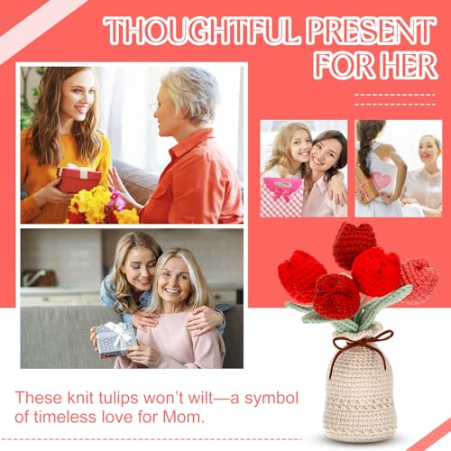 Marsui Crochet Knitting Tulip Bouquet with Vase 7" Knitted Artificial Forever Tulip Handmade Woven Flower with Exquisite Pot Gift for Father's Gifts Back to School Gift Family Home Desk Decor(Red) - color: Red, style: Tulip