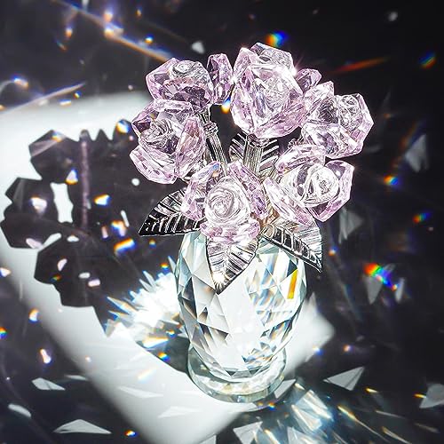 H&D HYALINE & DORA Pink Crystal Rose Flower Figurine,Glass Rose Flowers Gifts for Women,Crystal Rose Flower Collectible for Christmas Wedding Decor - color: Pink 2