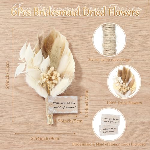 Suncalla 6 Pcs Bridesmaid Proposal Gifts Bouquets Mini 6 Inch Dried Flower Bouquets Will You Be My Bridesmaid Card for Bridal Shower Wedding Bachelorette Party Proposal Box(White,Boho) - color: White, style: boho