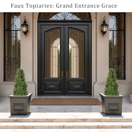 3ft Artificial Boxwood Topiary Trees (Set of 2) - UV Resistant Faux Plants Outdoor, Realistic 36" Fake Cone Bushes and Shrubs for Front Porch, Planter, Patio - Low Maintenance & Evergreen - color: Boxwood Light Green, size: 36in