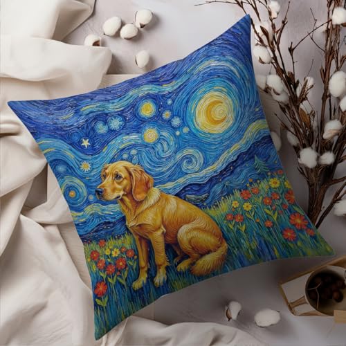 Fokongna Decorative Pillow Covers Vincent Van Gogh's The Starry Night, with a Golden Retriever in a Grassy Field Full of Blooming Flowers for Couch Home Bedroom Living Room 18 x 18 Inch Pillow Covers - color: Golden Retriever