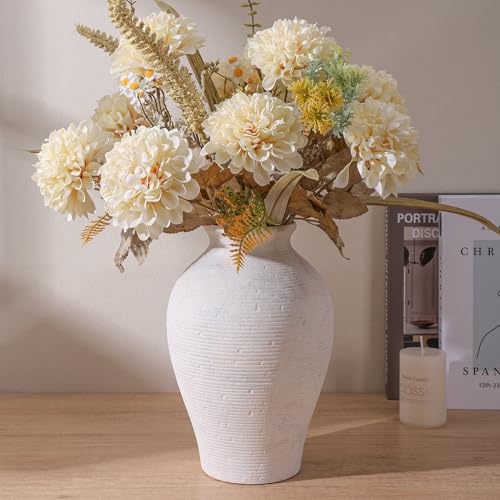 Ceramic Flower Vase Home Decor, 9 in Farmhouse Table Vase Rustic Vintage Living Room Kitchen Bedroom Pottery Decorative Vases for Flowers House Shelf Office Coffee Desk Dining Entryway Decor, White - color: 9 in - Antique White