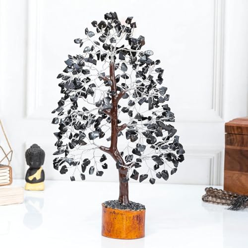 Crocon® Black Tourmaline Crystal Tree of Life Birthday Gifts for Men, Dad, Friend Healing Crystals Spiritual Shelf Crystal Decor Feng Shui Table Decor Gift for Men Housewarming Unique Home Decor - color: Black (Silver Wire)