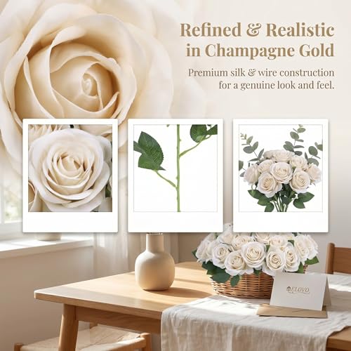 52pcs Beige Roses Artificial Flowers Fake Flowers Silk Roses with Stems for DIY Wedding Bouquets Bridal Shower Centerpieces Arrangements Party Decorations - color: Beige