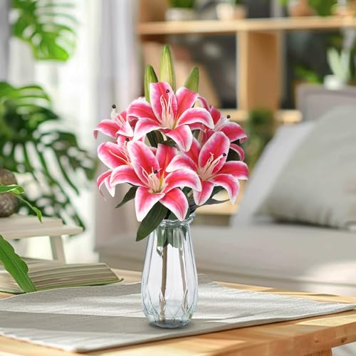 GarveeTech 6 Pcs Real Touch Artificial Tiger Lily Flowers with Vase, 3 Stems 6 Blooms, Faux Flowers Centerpiece for Home Table, Wedding, Baby Shower, Easter & Birthday Party Decor（Rose Red） - color: Rose Red, size: Lily(6 Pcs)