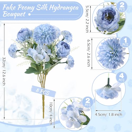 Lyrow 8 Pcs Peony Artificial Flowers Fake Silk Hydrangea Bouquet Elegant Peony Flowers for Wedding Decoration Faux Realistic Floral for Home Party Table Centerpieces Arrangement (Gradiente Blue) - color: Gradiente Blue