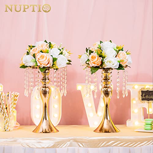 Nuptio 2 Pcs Versatile Metal Flower Arrangement Stand, 13.8in/35cm Height Elegant Wedding Centerpieces Flower Vase, Crystal Flower Stand for Wedding Party Dinner Event Restaurant Hotel Decoration - color: Gold, size: 2 x M