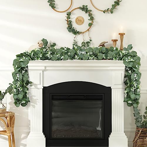KHOYIME Eucalyptus Garland with White Flowers, 4 Packs 5.9Ft Artificial Silver Dollar Eucalyptus Leaves Plant Fake Greenery Hanging Ivy Vines Faux Wreath for Wedding Arch Party Mantle Table Home Decor - color: 4pcs