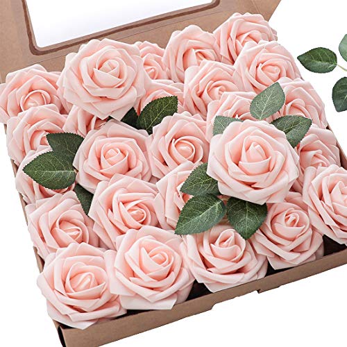 Floroom Artificial Flowers 25pcs Real Looking Blush Foam Fake Roses with Stems for DIY Wedding Bouquets Bridal Shower Centerpieces Party Decorations - color: Blush, size: 25Pcs