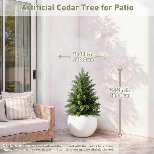 2 Pack 2ft Artificial Cedar Trees for Outdoors (UV Resistant), Potted Faux Cedar Topiary Plants for Front Porch, Realistic Evergreen Shrub for Entryway & Patio Decor - size: 2FT