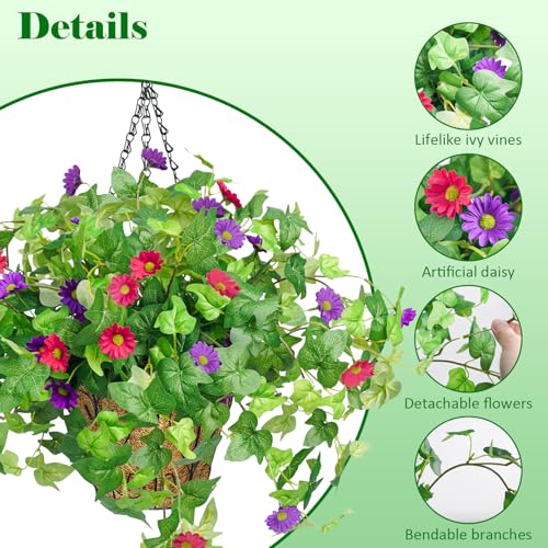 Krissing 2 Pack Artificial Hanging Flowers with Baskets for Outdoors UV Resistant Fake Ivy Plants Greenery Faux Silk Daisy Flowers for Outdside Porch Balcony Summer Home Decor (Purple, Red) - color: Purple+hot Pink, size: 6pcs with 2 baskets