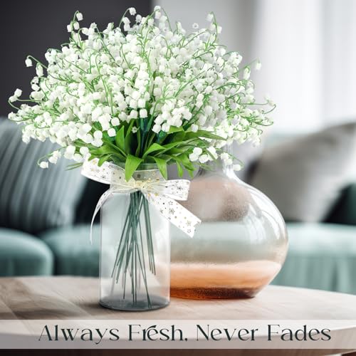 Hanaive 50 Pcs Artificial Lily of The Valley Bridesmaids Artificial Lilies 14.17 Inch Faux Lily of The Valley Flower Bulk Chimes Orchid White Bell Flower Bouquet for Wedding Arrangement Bride Party