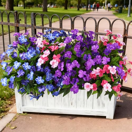 Artificial Impatiens Flowers for Outdoors, 6 Bundles Multicolor Silk Fake Flowers for Spring Summer Decoration, UV Resistant Faux Plants Plastic Bouquet for Home Planter Porch Patio Yard Decor - color: Double-purple,pink,blue