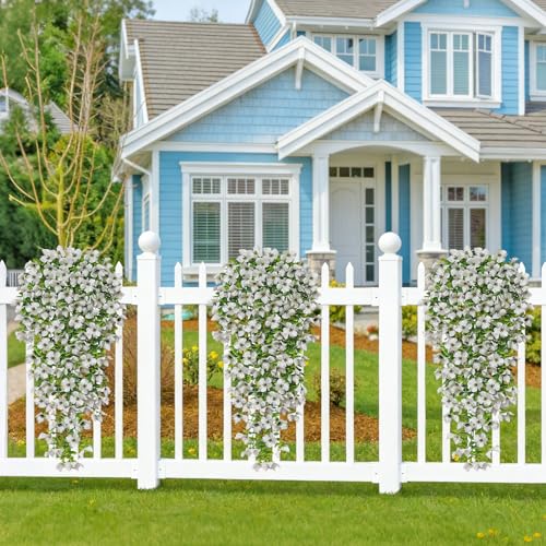 Betylifoy Artificial Hanging Flowers for Outdoors Summer Decor 2PCS Fake Hanging Plants UV Resistant Faux Silk Violet Flowers White Greenery Trailing Vines for Indoor Outside Garden Porch Decor - color: White