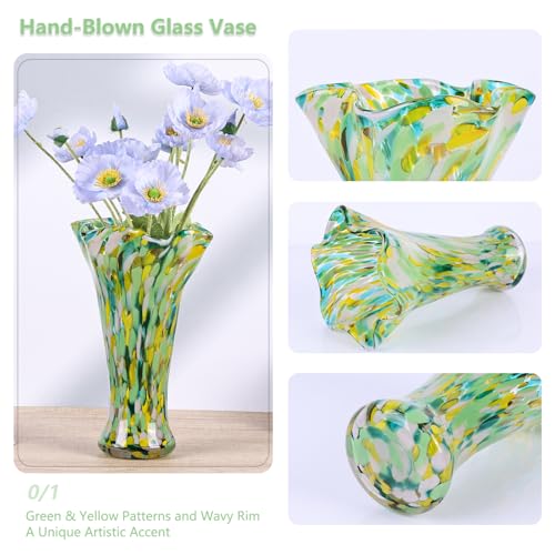 9.0"H Green Glass Vases for Flowers, Unique Hand Blown Glass Vase Green Gold Home Decor, Wide Mouth Colorful Flower Vase Centerpieces, For Living Room Table Bookshelf, Bathroom Office Shelf Decorative - color: Green