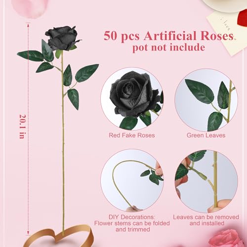 50 PCS Black Roses Artificial Flowers, Fake Roses with Stem Realistic Silk Roses for DIY Wedding Bouquets Table Centerpieces Arrangements Baby Shower Birthday Home Decor Valentine's Day Gift for Her - color: Black