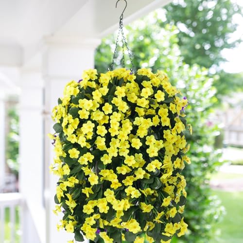Artificial Faux Hanging Flowers Plants Baskets for Outdoor Outside, Fake Silk Yellow Orchid Trailing Vines in Planter Realistic UV Resistant for Balcony Porch Decor - color: Yellow