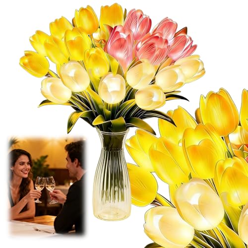 15pcs LED Lighted Artificial Flowers Tulip Lamp with Vase Real Touch Tulips Faux Flower Lights for Valentines Day Gift Easter Home Kitchen Wedding Dining Table Decor (Mix) - color: 15pcs Max