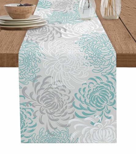 PIEPLE Aqua Chrysanthemum Flowers Table Runner-Cotton Linen-Long 13x72inches Dresser Scarves,Floral Grey Tablerunner for Kitchen Coffee/Dining/End Table Bedroom Living Room,Scarf Decor for Holiday - color: Texturezld5372, size: 13x72 Inch