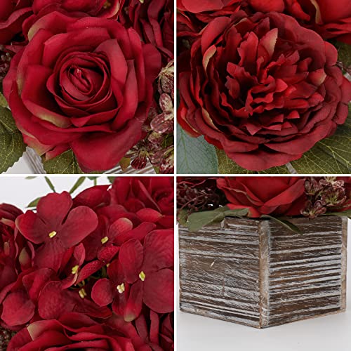 Flower Arrangement with Wooden Vase 8" Artificial Flowers in Pot - Fake Flowers Roses Peonies Hydrangeas in Wooden Vase Potted Artificial Flower Centerpieces for Table Decor Living Room - Red - color: 8"h Burgundy Red