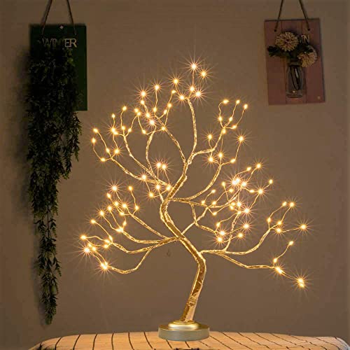 Bonsai Tree Light Golden Matte 20 Inches Artificial Tabletop Fairy Light Tree Lamp,Eight Lighting Modes,USB or Battery Operated with Timer,Decor of Bedroom,Living Room,Christmas (Warm White) - color: Golden Branches