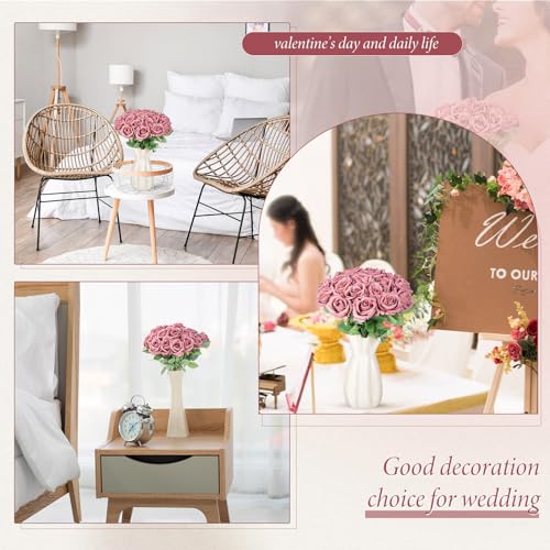 Hotop 40 Pcs Rose Artificial Flowers Bulk with Long Stem,Realistic Silk Fake Roses Bouquet for Home Wedding Centerpieces Party Table Decoration Valentines Gifts(Dusty) - color: Dusty