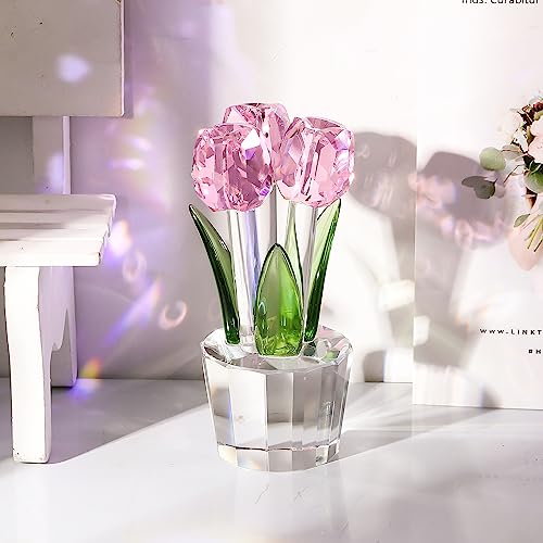 Qianwei Crystal Tulips Flowers Figurine Pink with Vase - Glass Flower Bouquet Collectible Figurines Crystal Office Home Decor Paperweight - Tulip Gifts for Women Mom Bestfriend Wedding Anniversary - color: Pink Tulip