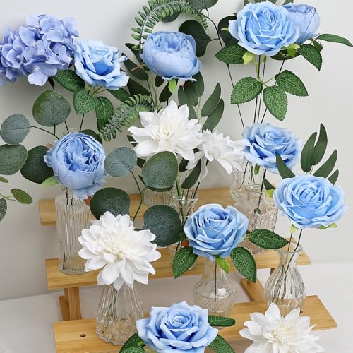 80Pcs Artificial Flowers Combo Set, Fake Silk Flowers Decor with Stems for DIY Roses Wedding Party Centerpieces Bridal Bouquets Cake Decorations Arrangements Indoor Outdoor(Blue) - color: Dusty Blue