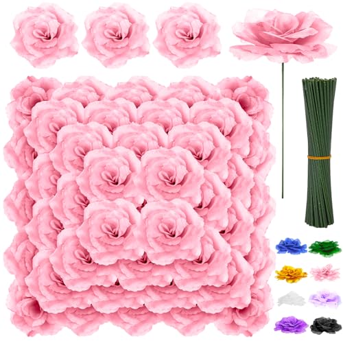 LELEE 108pcs Roses Head Flowers with Stem - Pink Artificial Flowers Rose Bulk - Silk Rose Fake Flower for Wedding Bouquet Valentine's Party Decor DIY Bridal Shower Centerpieces - color: Pink