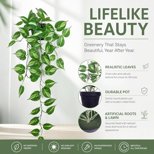 Realistic Artificial Pothos Vines with Pots - Fake Hanging Plants for Indoor Decor, Low Maintenance Silk Faux Greenery(2 PCS)