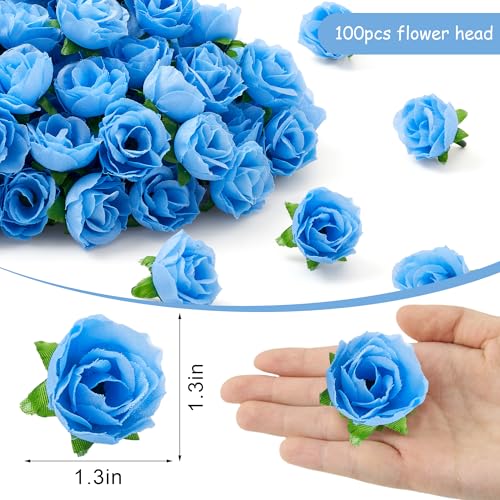 SITUMEIZI 100 Pcs 1.3 inches Mini Light Blue Rose Head Blue Roses Artificial Flowers for Wedding Decor, Graduation Cap, Cake, DIY Flower Wall Mother's Day Home Party Decor - color: Light-blue