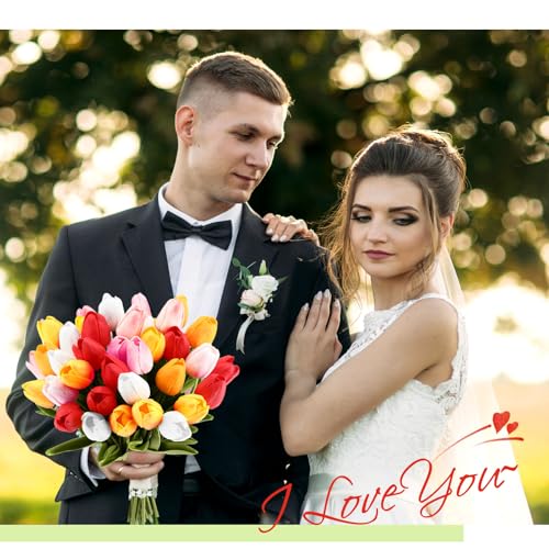 Janinka 75pcs Artificial Tulip Flowers Fake PU Tulips Faux Latex Bouquet Flower Centerpieces Arrangement Floral for Wedding Spring Decorations (1 Head,White,Red,Sunset Red,Pink,Gold) - color: White, Red, Sunset Red, Pink, Gold