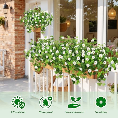 Krissing 3 Pcs Artificial Flowers for Outdoors UV Resistant, Fake Greenery Plants with Daisy Flowers for Outside Planters Porch Window Box Home Decor (White) - color: White, size: 3