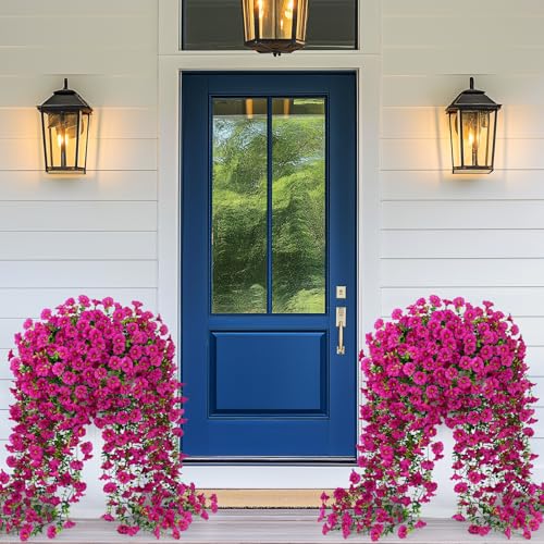Artificial Hanging Flowers for Outdoors, Fake Hanging Flowers for Decoration, UV Resistant Artificial Outdoor Plants, 4 Pcs Morning Glory for Outdoors Garden Patio Porch Yard Decoration, Fuchsia - color: Fuchsia, size: 4 Pack