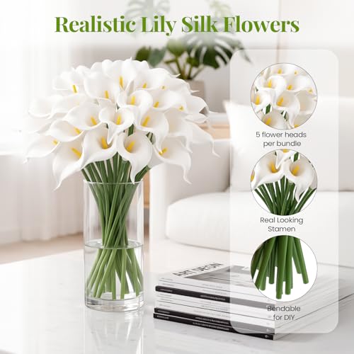 24 Pcs White Artificial Calla Lily Flower Real Touch White Fake Silk Flowers for Wedding Office Home Kitchen Decor