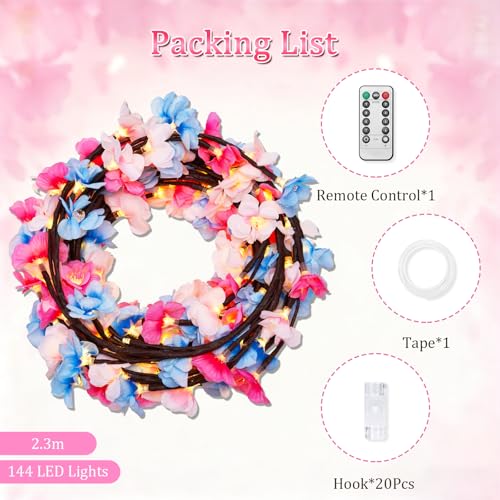 7.55 FT 144 LED Cherry Blossom Tree Branch Lights for Wall,8 Modes Artificial Pink Cherry Blossom Garland with Remote and Timer,Willow Vine Lights (144 LED Three-Color Cherry Blossom) - color: 144 LED Three-Color Cherry Blossom