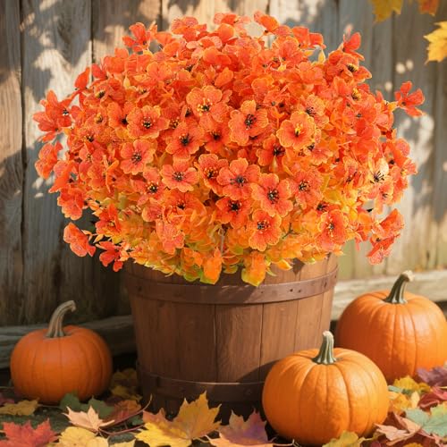 AmyHomie 16 Bundles Fall Orange Artificial Flowers for Outdoor Fall Decor UV Resistant Faux Flowers No Fade Fake Plastic Plants Garden Porch Window Box Decorating - color: Fall Orange-eucalyptus, size: 16