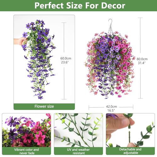 INQCMY Artificial Fake Hanging Plants Flowers Basket for Spring Outdoor Outside Decoration,UV Resistant Faux Silk Flower in Planter for Home Patio Porch Balcony Garden Yard Decor(Mixed Color) - color: Mixed Color3(2 Deep Purple,2 Light Purple,2 Deep Pink,